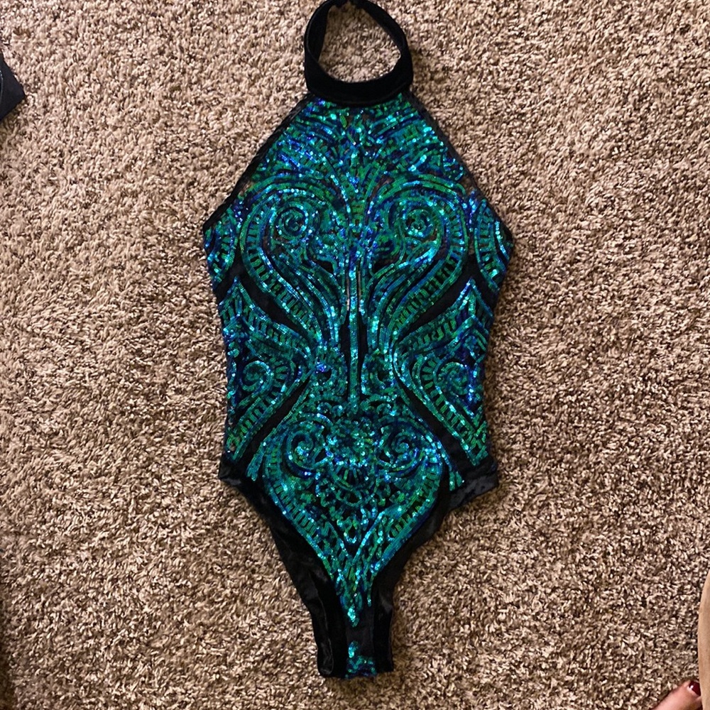 Blue Green Rave sequin bodysuit